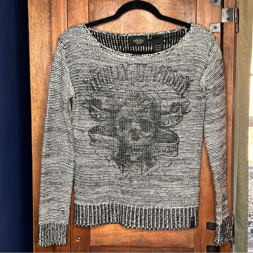 Harley Davidson Skull Knit Sweater Grunge Bikercore Y2K Graphic Pullover Size S - Picture 2 of 5